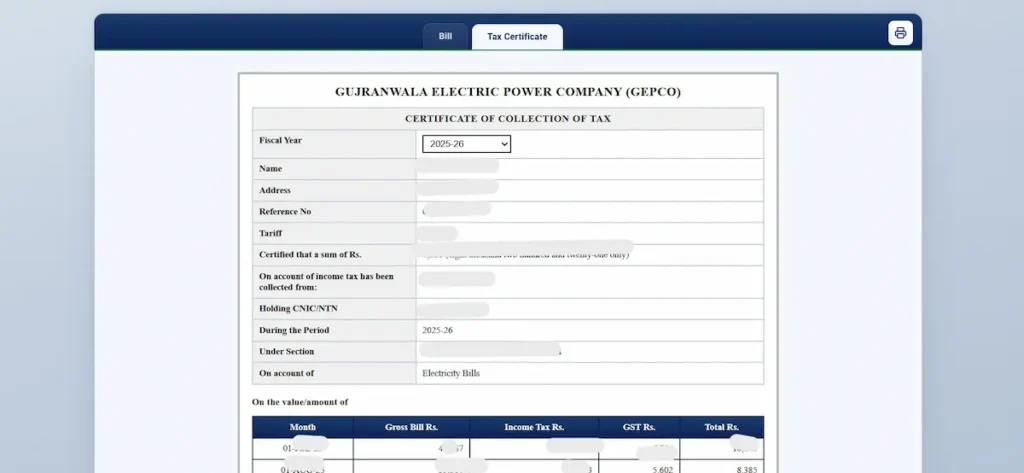 The Tax Certificate tab